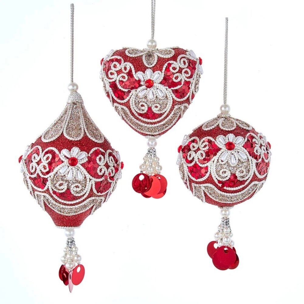 Regal Red Silver Ball Heart Teardrop Large Glitter Ornament 5-7" Set 3